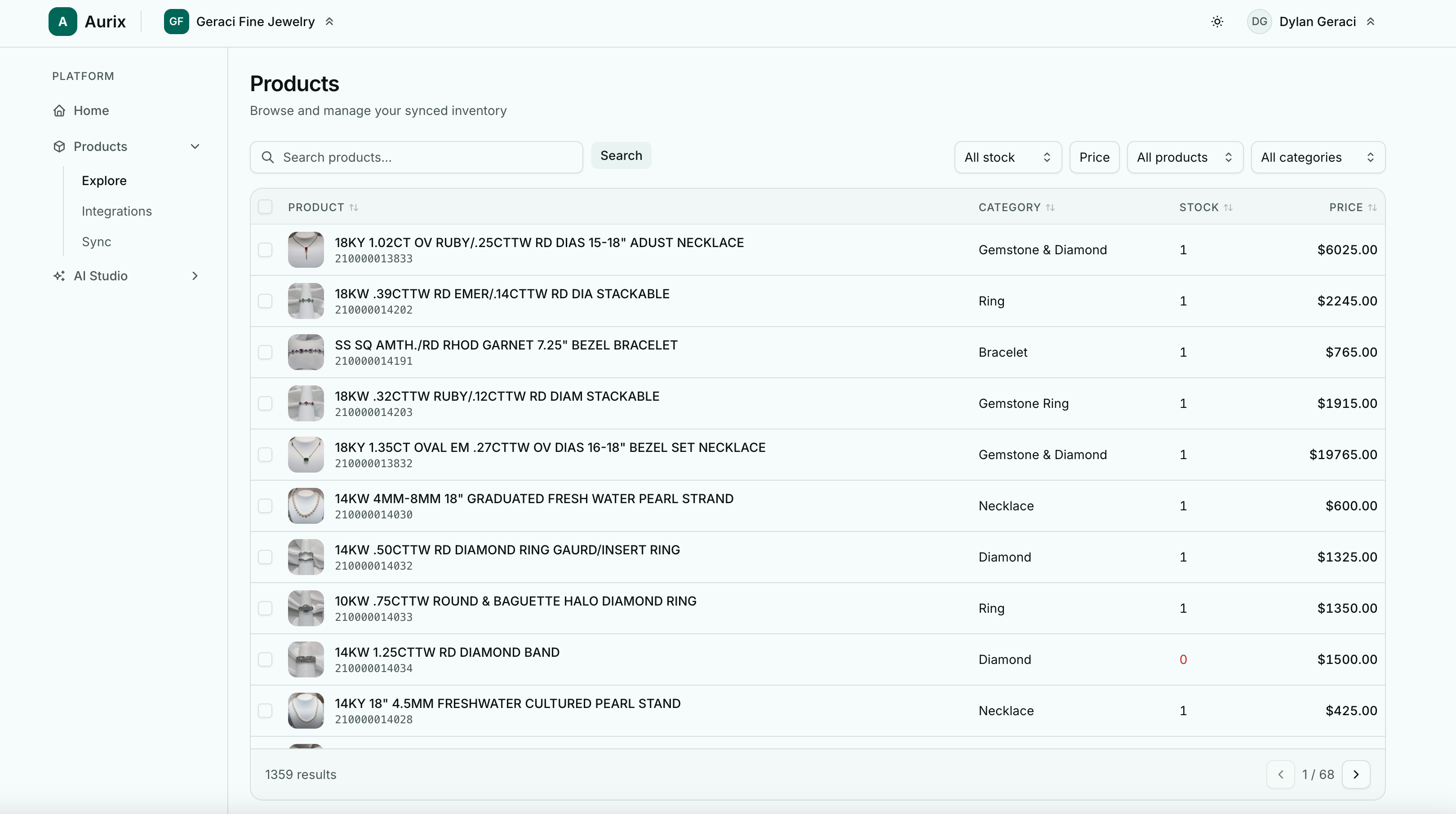 Aurix products screen listing synced jewelry inventory with categories, stock, and price