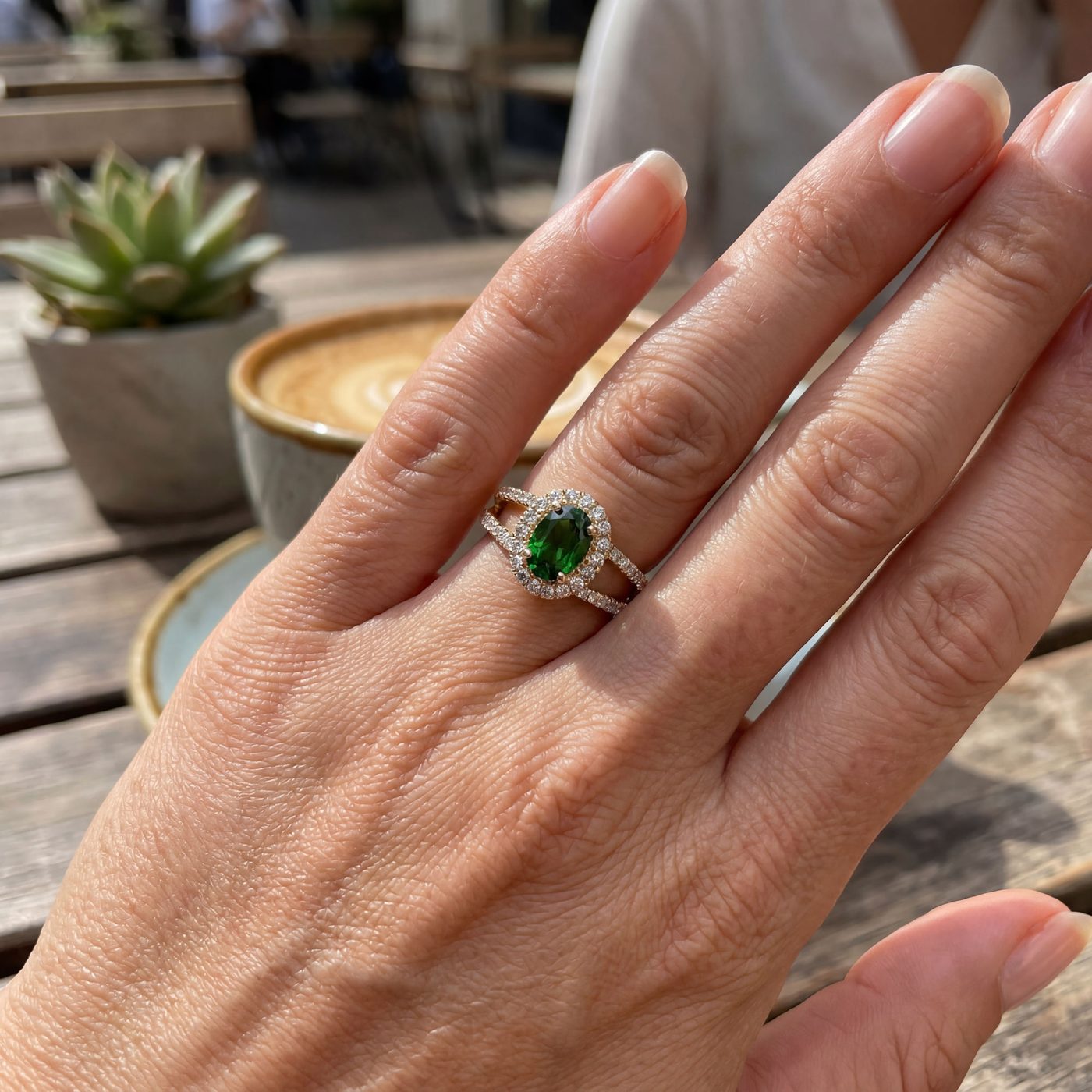 The same ring on a model hand in a lifestyle setting, generated by Aurix