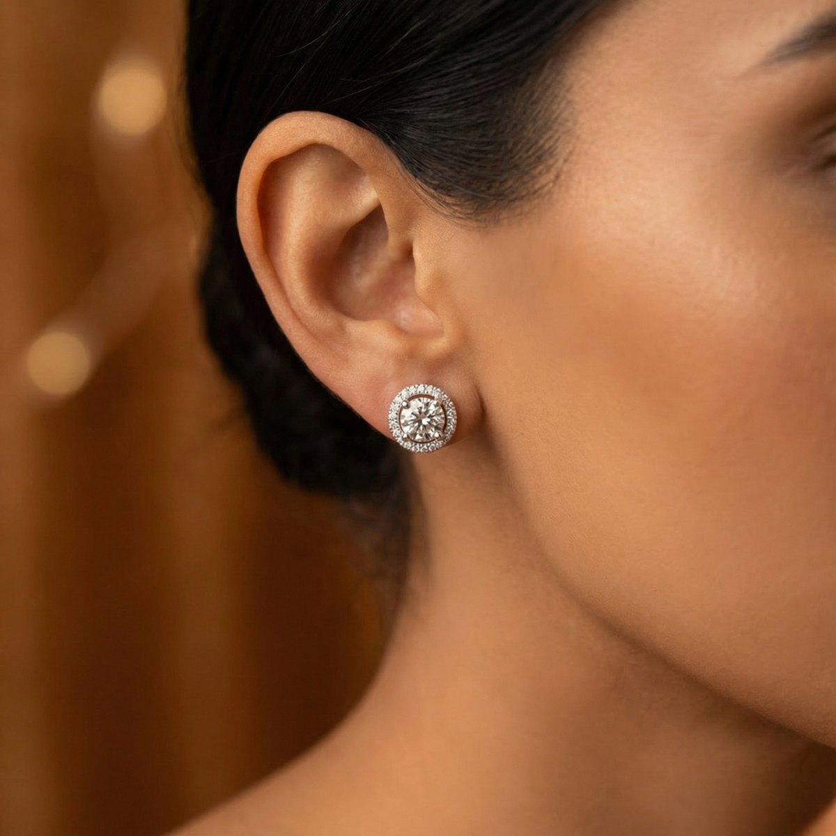 Studio-grade AI jewelry photo of the same Diamond halo earrings, generated by Aurix